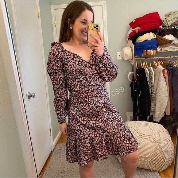 NWT byTiMo Black Pink Viscose Floral Puff Long Sleeve Mini Dress Ditsy Large L - Picture 7 of 14